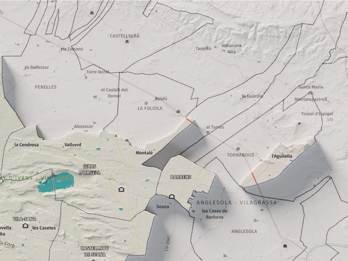 Mapa de relleu del Pla d’Urgell, amb el territori en color i l’entorn en blanc. Detall de la part superior dreta. 30 × 40 cm. Estil Cartogràfic.