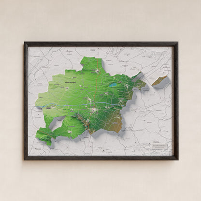 Mapa de relleu del Pla d’Urgell, amb el territori en color i l’entorn en blanc. Presentació amb marc. 30 × 40 cm. Estil Clàssic.