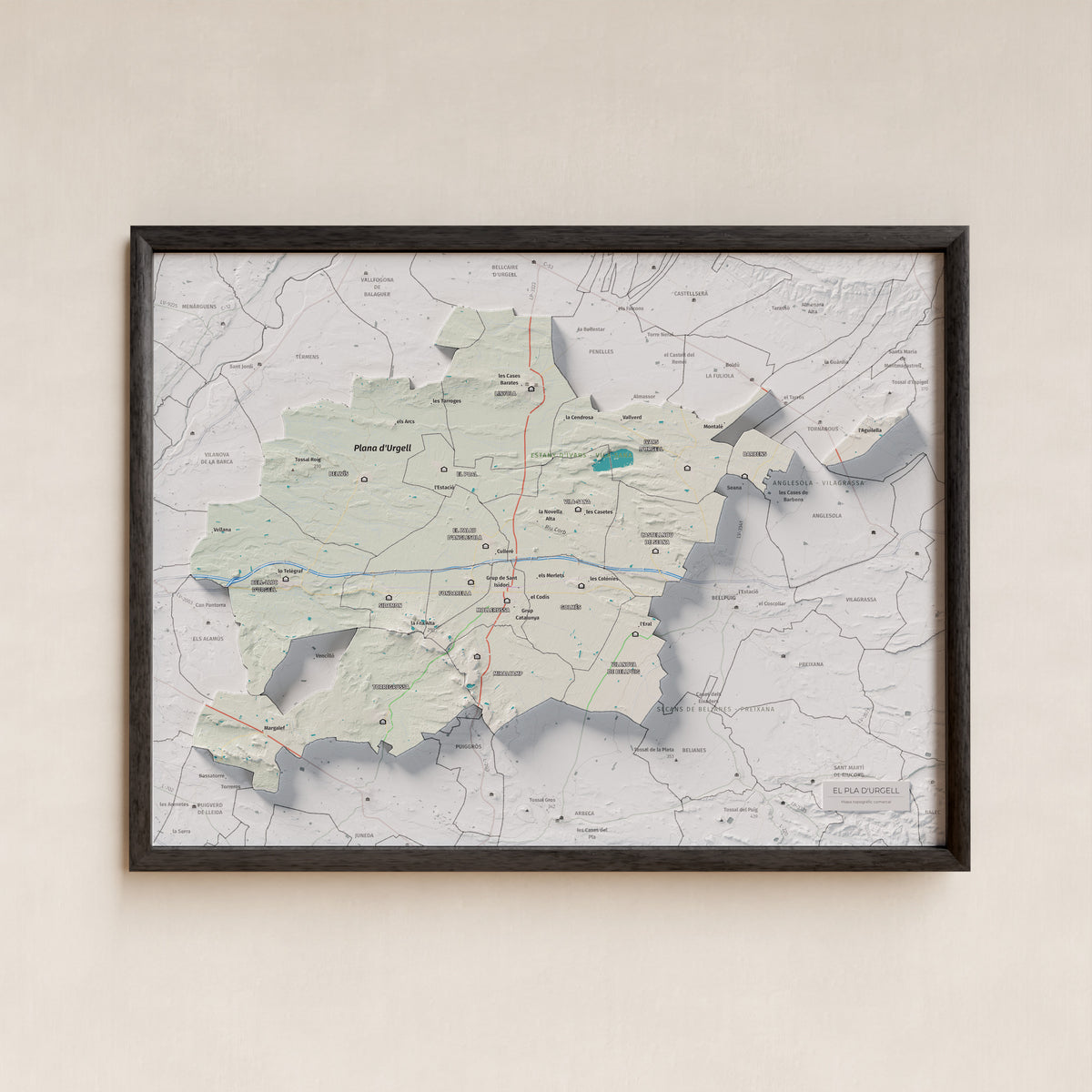 Mapa de relleu del Pla d’Urgell, amb el territori en color i l’entorn en blanc. Presentació amb marc. 30 × 40 cm. Estil Cartogràfic.