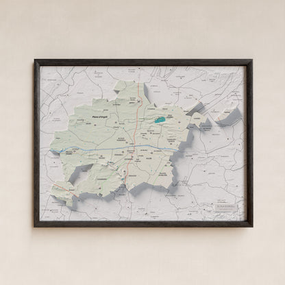 Mapa de relleu del Pla d’Urgell, amb el territori en color i l’entorn en blanc. Presentació amb marc. 30 × 40 cm. Estil Cartogràfic.