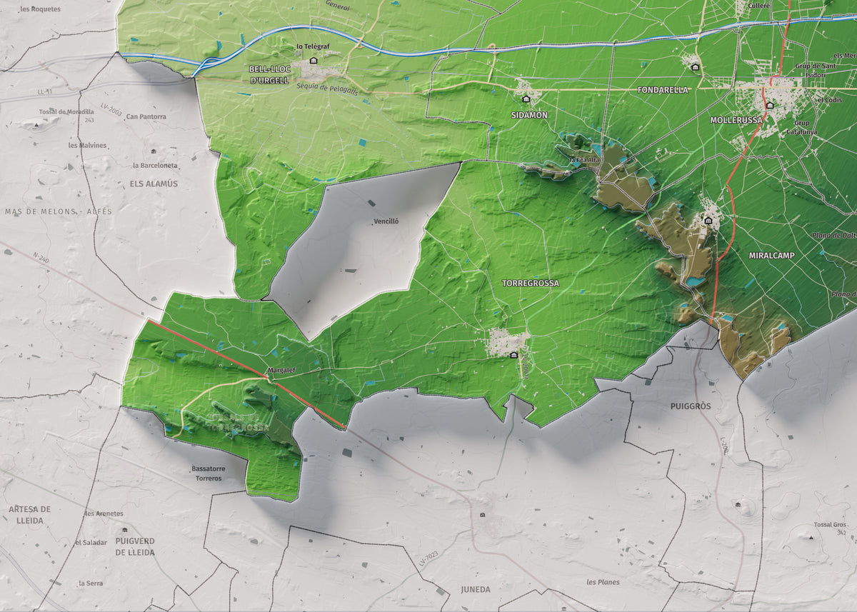 Mapa de relleu del Pla d’Urgell, amb el territori en color i l’entorn en blanc. Detall de la part inferior esquerra. 50 × 70 cm. Estil Clàssic.