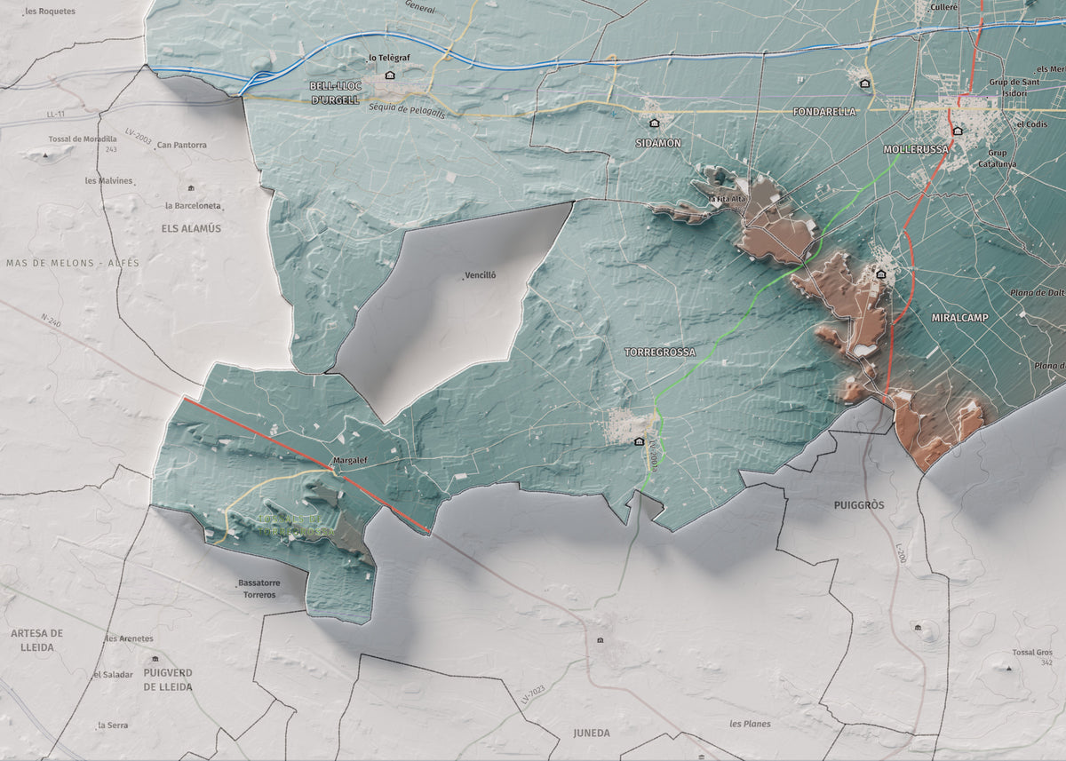 Mapa de relleu del Pla d’Urgell, amb el territori en color i l’entorn en blanc. Detall de la part inferior esquerra. 50 × 70 cm. Estil Blau i taronja.
