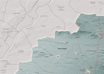Mapa de relleu del Pla d’Urgell, amb el territori en color i l’entorn en blanc. Detall de la part superior esquerra. 50 × 70 cm. Estil Blau i taronja.