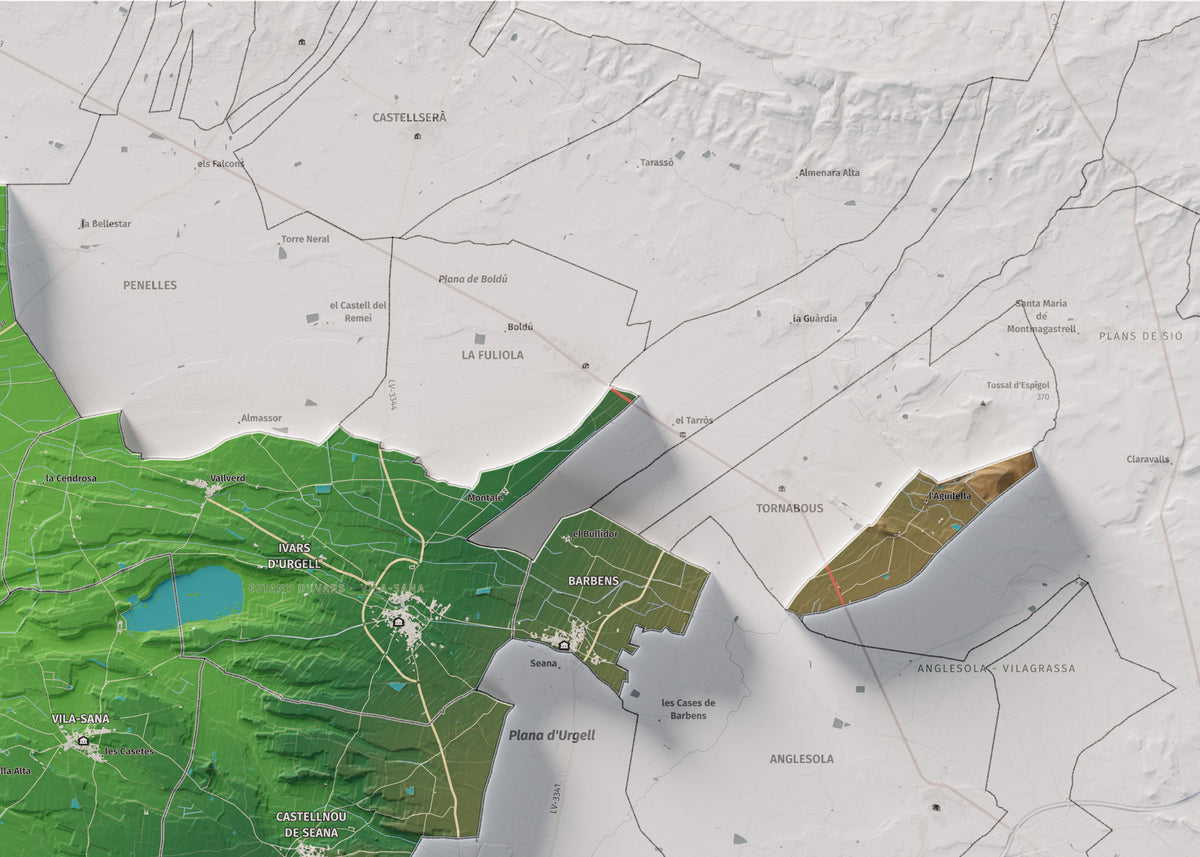 Mapa de relleu del Pla d’Urgell, amb el territori en color i l’entorn en blanc. Detall de la part superior dreta. 50 × 70 cm. Estil Clàssic.