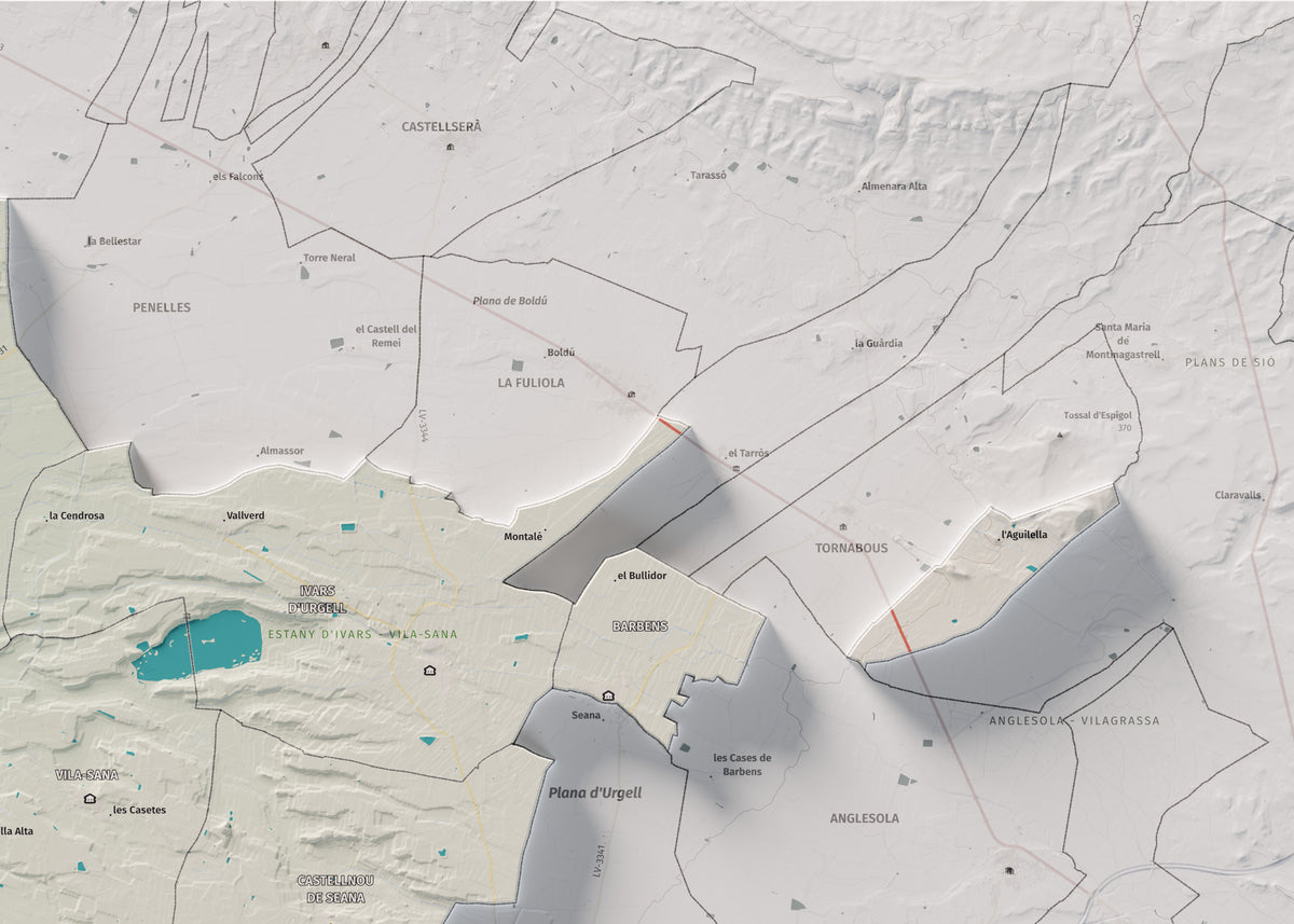 Mapa de relleu del Pla d’Urgell, amb el territori en color i l’entorn en blanc. Detall de la part superior dreta. 50 × 70 cm. Estil Cartogràfic.