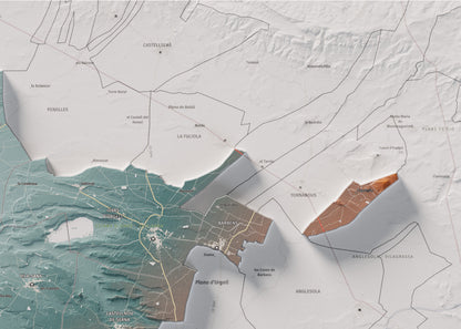 Mapa de relleu del Pla d’Urgell, amb el territori en color i l’entorn en blanc. Detall de la part superior dreta. 50 × 70 cm. Estil Blau i taronja.