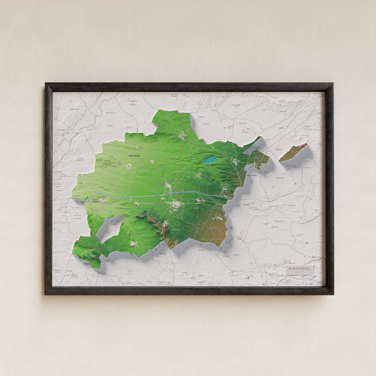 Mapa de relieve del Pla d’Urgell, con el territorio en color y el entorno en blanco. Presentación con marco. 50 × 70 cm. Estilo Clásico.