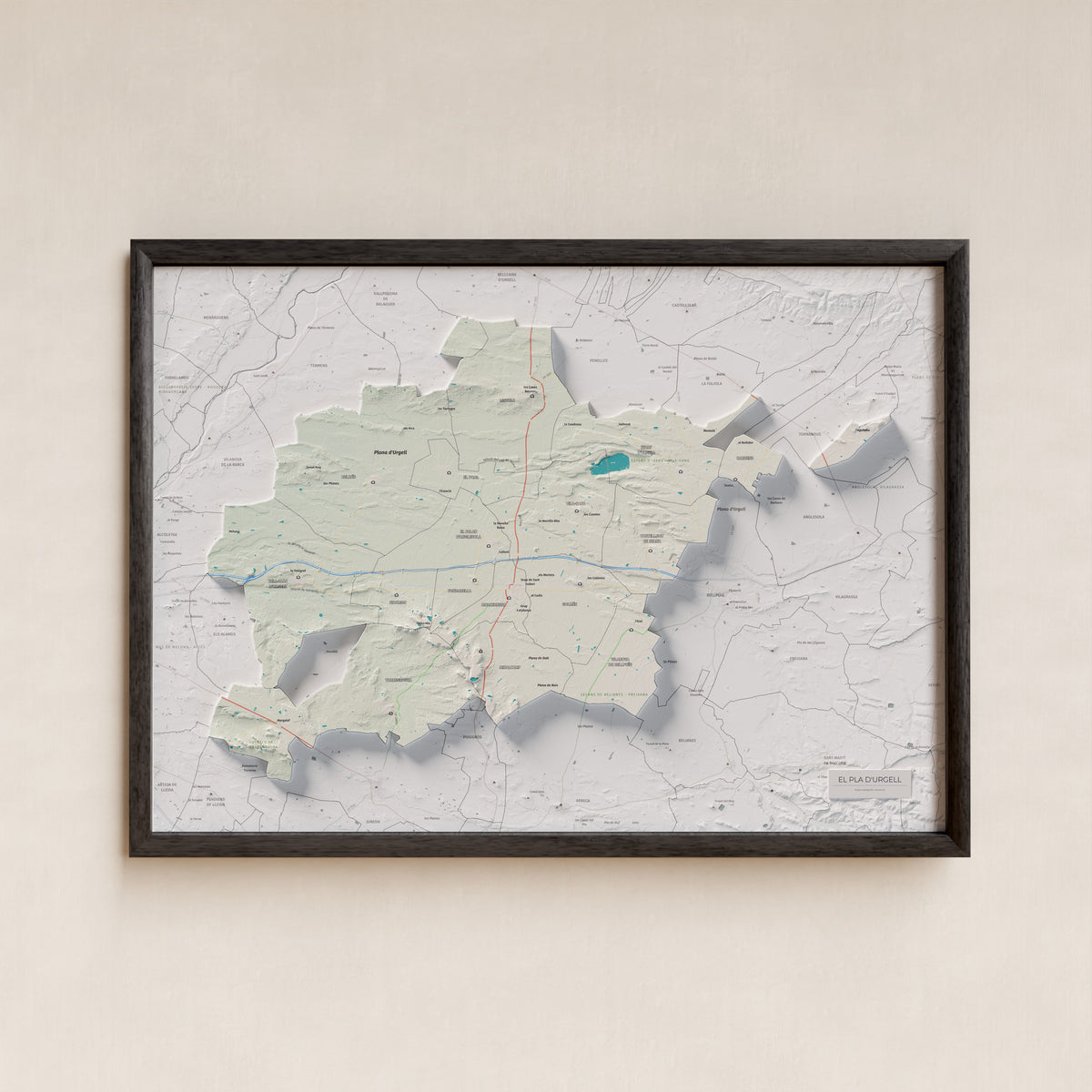 Mapa de relleu del Pla d’Urgell, amb el territori en color i l’entorn en blanc. Presentació amb marc. 50 × 70 cm. Estil Cartogràfic.