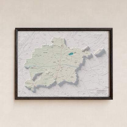 Mapa de relleu del Pla d’Urgell, amb el territori en color i l’entorn en blanc. Presentació amb marc. 50 × 70 cm. Estil Cartogràfic.