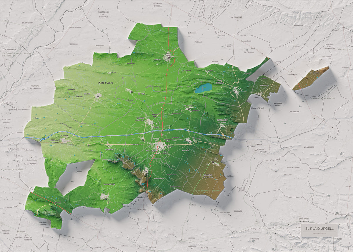 Mapa de relleu del Pla d’Urgell, amb el territori en color i l’entorn en blanc. Vista completa de la làmina. 50 × 70 cm. Estil Clàssic.