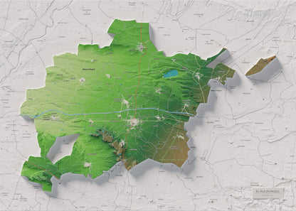 Mapa de relleu del Pla d’Urgell, amb el territori en color i l’entorn en blanc. Vista completa de la làmina. 50 × 70 cm. Estil Clàssic.