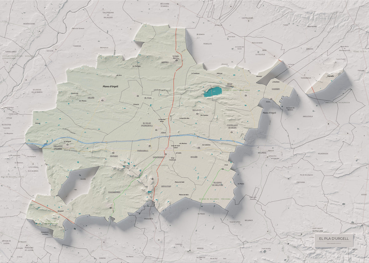 Mapa de relleu del Pla d’Urgell, amb el territori en color i l’entorn en blanc. Vista completa de la làmina. 50 × 70 cm. Estil Cartogràfic.