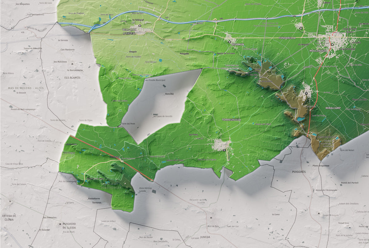 Mapa de relleu del Pla d’Urgell, amb el territori en color i l’entorn en blanc. Detall de la part inferior esquerra. 61 × 91 cm. Estil Clàssic.