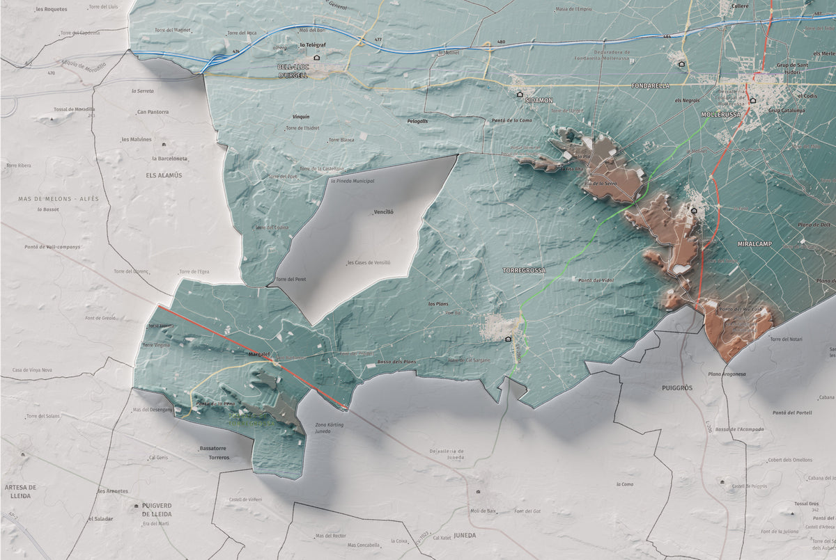 Mapa de relleu del Pla d’Urgell, amb el territori en color i l’entorn en blanc. Detall de la part inferior esquerra. 61 × 91 cm. Estil Blau i taronja.