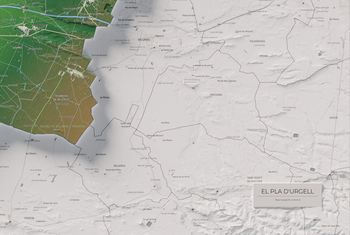 Mapa de relleu del Pla d’Urgell, amb el territori en color i l’entorn en blanc. Detall de la part inferior dreta. 61 × 91 cm. Estil Clàssic.
