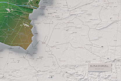 Mapa de relleu del Pla d’Urgell, amb el territori en color i l’entorn en blanc. Detall de la part inferior dreta. 61 × 91 cm. Estil Clàssic.