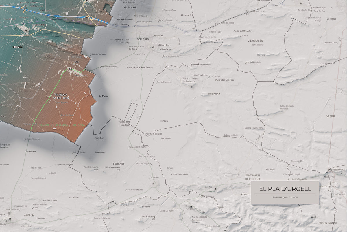 Mapa de relleu del Pla d’Urgell, amb el territori en color i l’entorn en blanc. Detall de la part inferior dreta. 61 × 91 cm. Estil Blau i taronja.