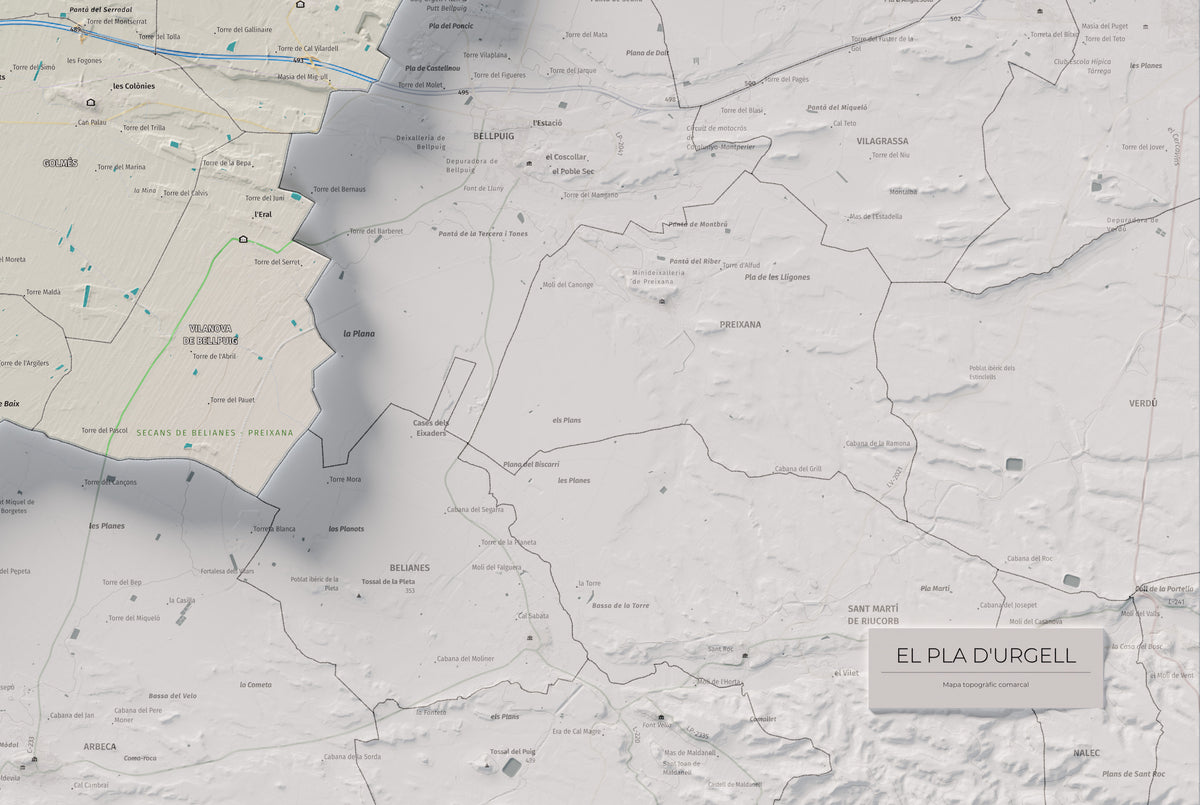 Mapa de relleu del Pla d’Urgell, amb el territori en color i l’entorn en blanc. Detall de la part inferior dreta. 61 × 91 cm. Estil Cartogràfic.