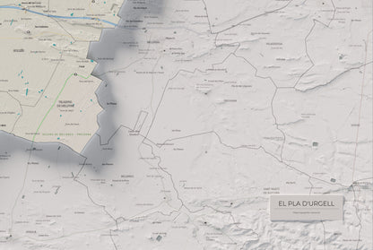 Mapa de relleu del Pla d’Urgell, amb el territori en color i l’entorn en blanc. Detall de la part inferior dreta. 61 × 91 cm. Estil Cartogràfic.