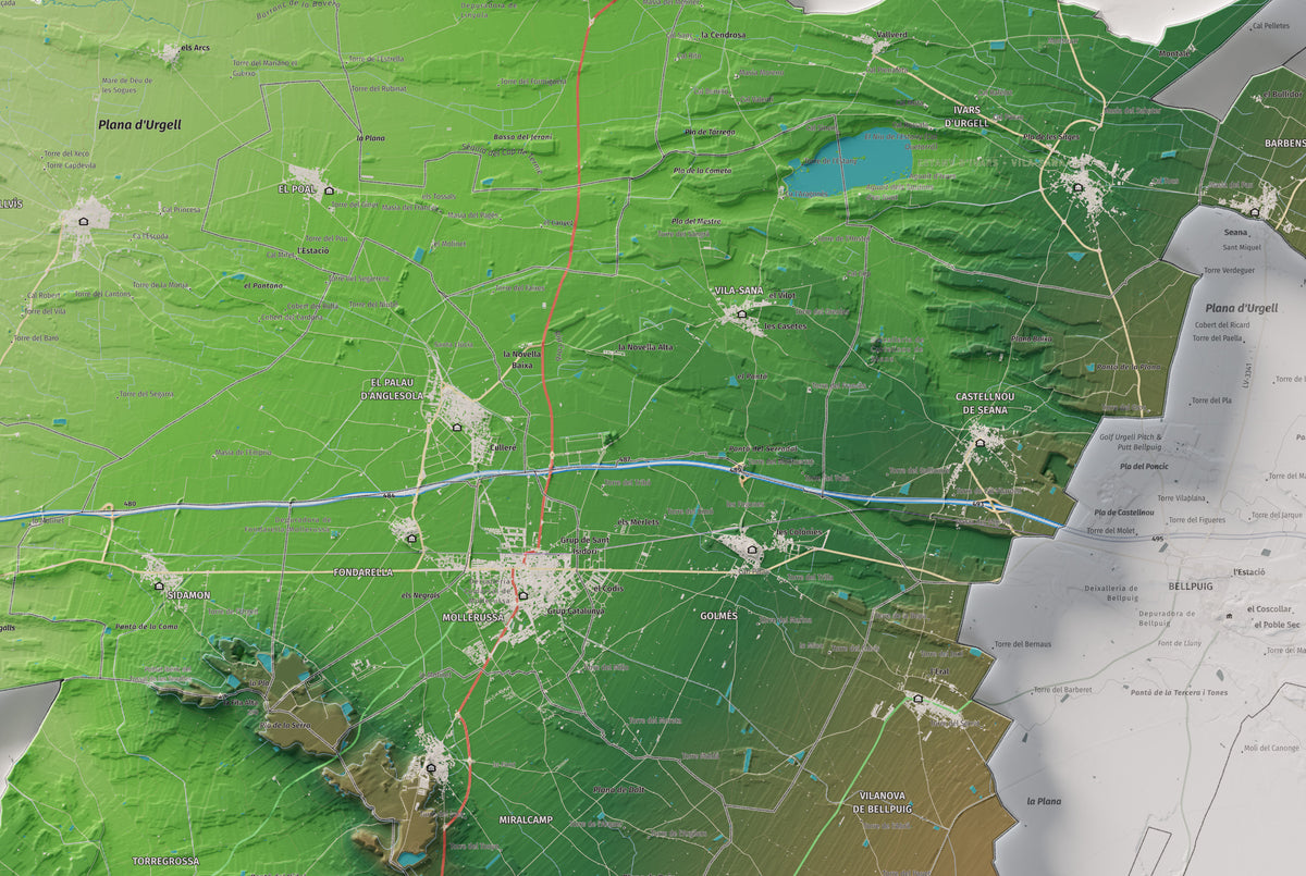 Mapa de relleu del Pla d’Urgell, amb el territori en color i l’entorn en blanc. Detall de la part central. 61 × 91 cm. Estil Clàssic.