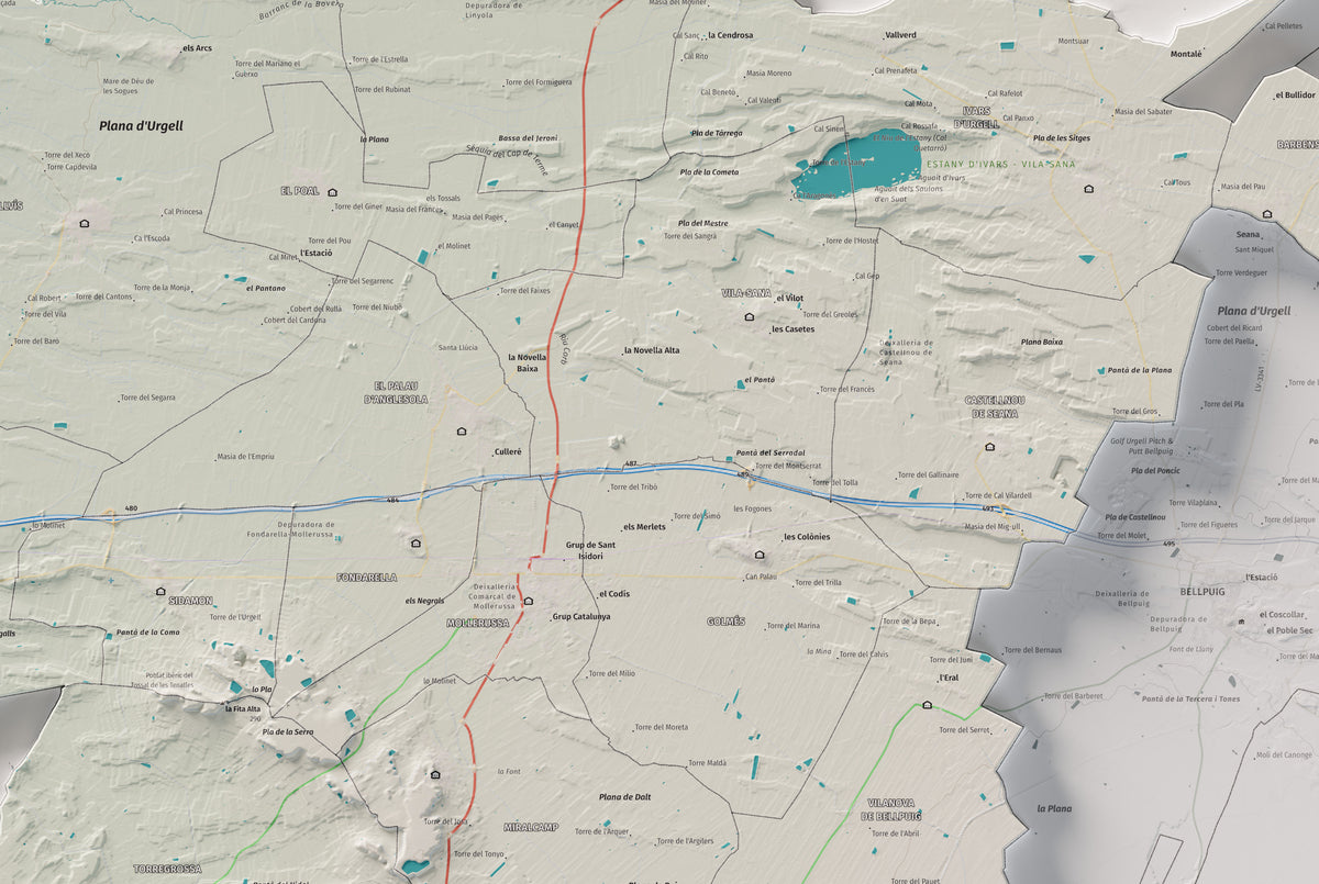 Mapa de relleu del Pla d’Urgell, amb el territori en color i l’entorn en blanc. Detall de la part central. 61 × 91 cm. Estil Cartogràfic.