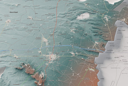 Mapa de relleu del Pla d’Urgell, amb el territori en color i l’entorn en blanc. Detall de la part central. 61 × 91 cm. Estil Blau i taronja.