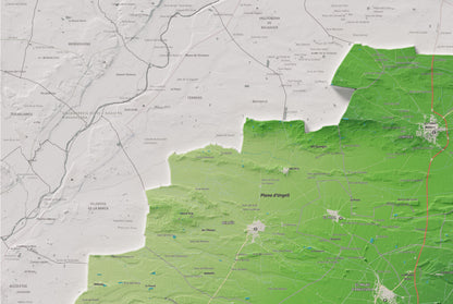 Mapa de relleu del Pla d’Urgell, amb el territori en color i l’entorn en blanc. Detall de la part superior esquerra. 61 × 91 cm. Estil Clàssic.