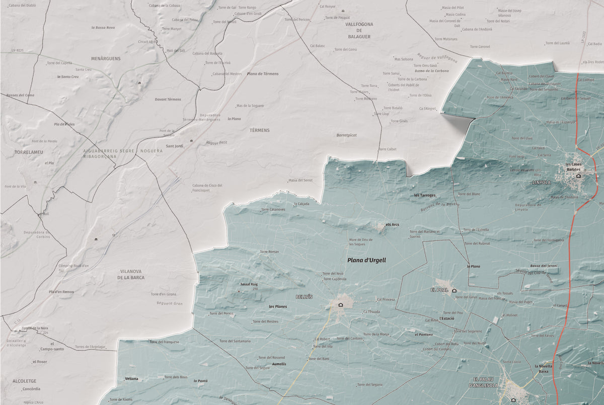 Mapa de relleu del Pla d’Urgell, amb el territori en color i l’entorn en blanc. Detall de la part superior esquerra. 61 × 91 cm. Estil Blau i taronja.