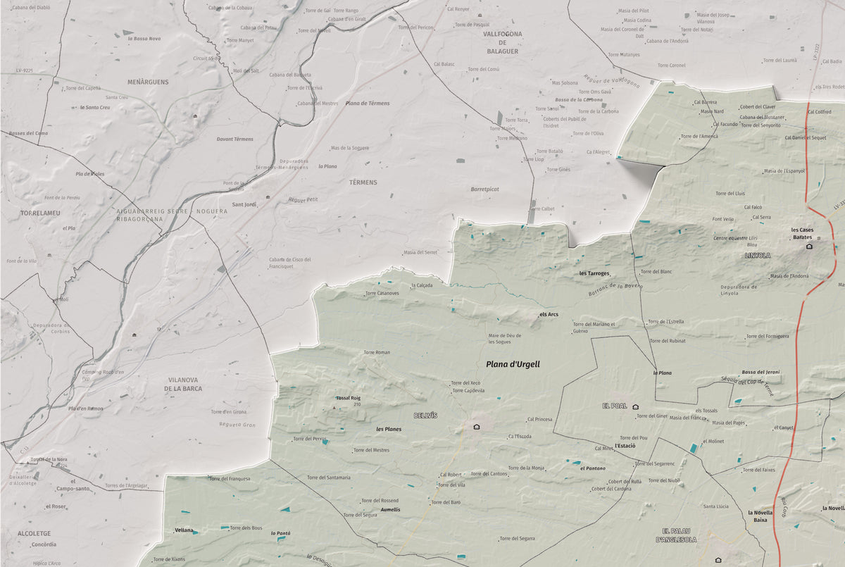 Mapa de relleu del Pla d’Urgell, amb el territori en color i l’entorn en blanc. Detall de la part superior esquerra. 61 × 91 cm. Estil Cartogràfic.