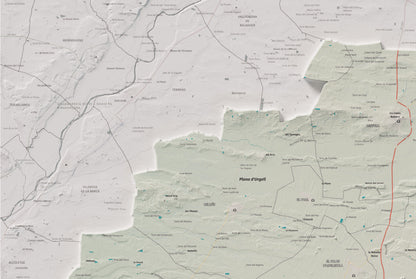 Mapa de relleu del Pla d’Urgell, amb el territori en color i l’entorn en blanc. Detall de la part superior esquerra. 61 × 91 cm. Estil Cartogràfic.