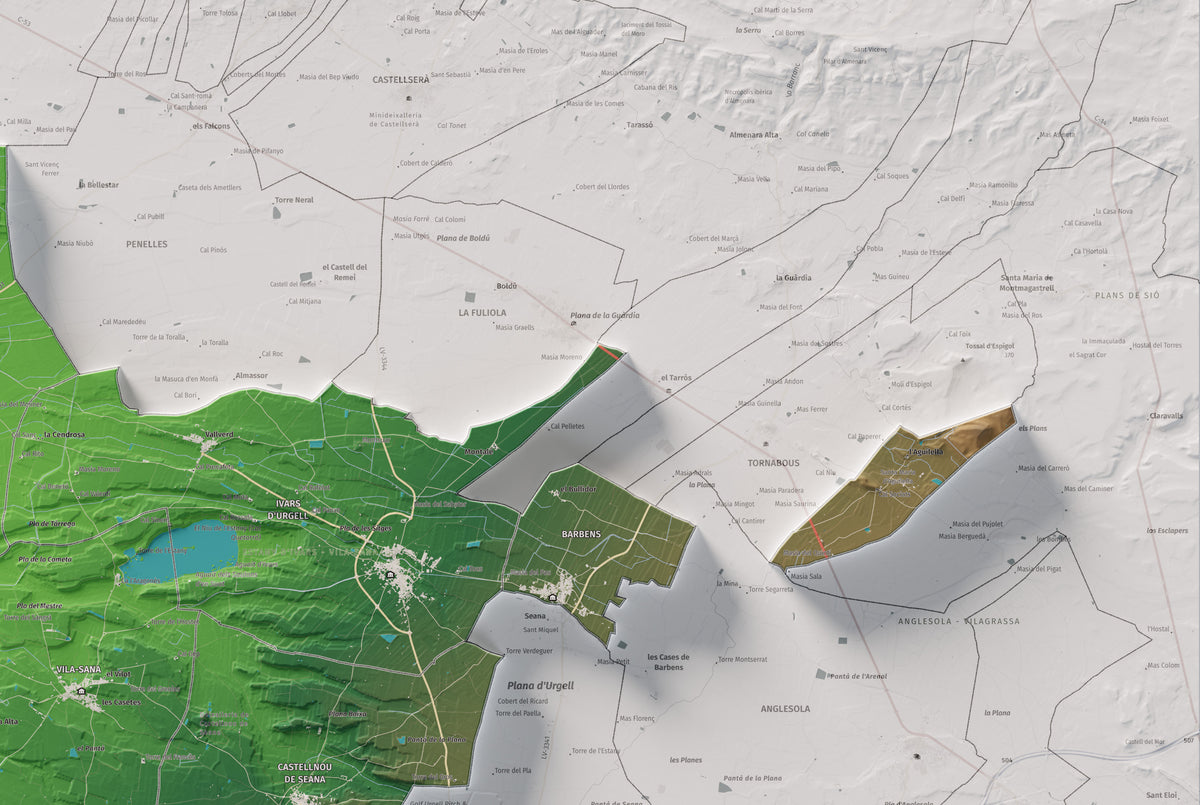 Mapa de relleu del Pla d’Urgell, amb el territori en color i l’entorn en blanc. Detall de la part superior dreta. 61 × 91 cm. Estil Clàssic.
