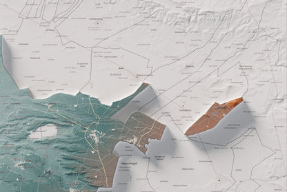 Mapa de relleu del Pla d’Urgell, amb el territori en color i l’entorn en blanc. Detall de la part superior dreta. 61 × 91 cm. Estil Blau i taronja.