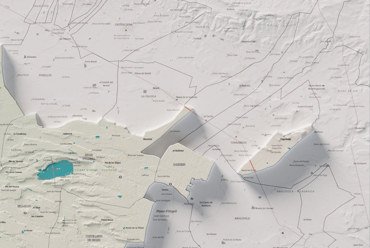 Mapa de relleu del Pla d’Urgell, amb el territori en color i l’entorn en blanc. Detall de la part superior dreta. 61 × 91 cm. Estil Cartogràfic.