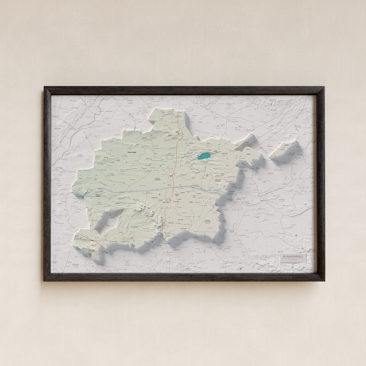Mapa de relleu del Pla d’Urgell, amb el territori en color i l’entorn en blanc. Presentació amb marc. 61 × 91 cm. Estil Cartogràfic.