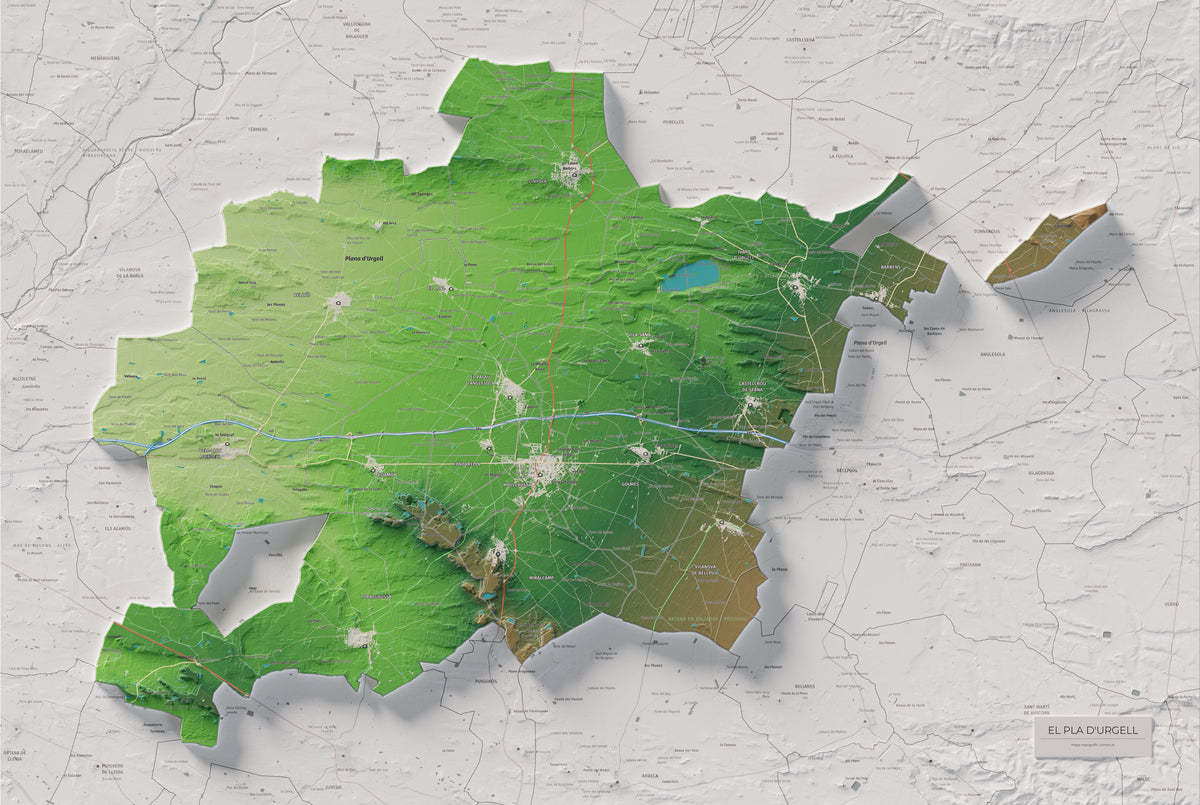 Mapa de relleu del Pla d’Urgell, amb el territori en color i l’entorn en blanc. Vista completa de la làmina. 61 × 91 cm. Estil Clàssic.