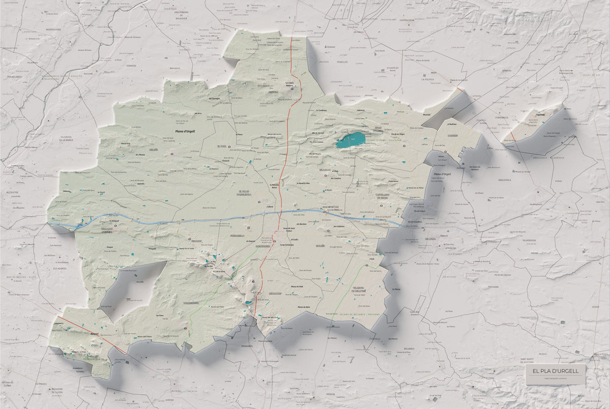 Mapa de relleu del Pla d’Urgell, amb el territori en color i l’entorn en blanc. Vista completa de la làmina. 61 × 91 cm. Estil Cartogràfic.