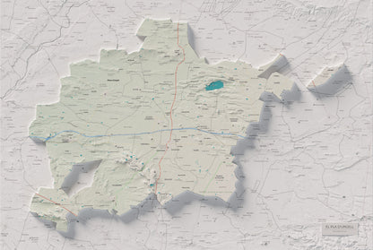 Mapa de relleu del Pla d’Urgell, amb el territori en color i l’entorn en blanc. Vista completa de la làmina. 61 × 91 cm. Estil Cartogràfic.