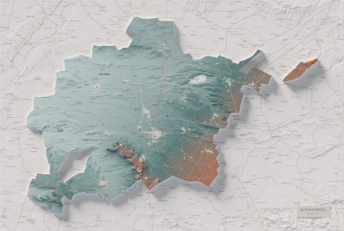 Mapa de relleu del Pla d’Urgell, amb el territori en color i l’entorn en blanc. Vista completa de la làmina. 61 × 91 cm. Estil Blau i taronja.