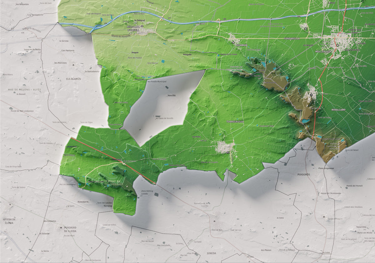 Mapa de relleu del Pla d’Urgell, amb el territori en color i l’entorn en blanc. Detall de la part inferior esquerra. 70 × 100 cm. Estil Clàssic.