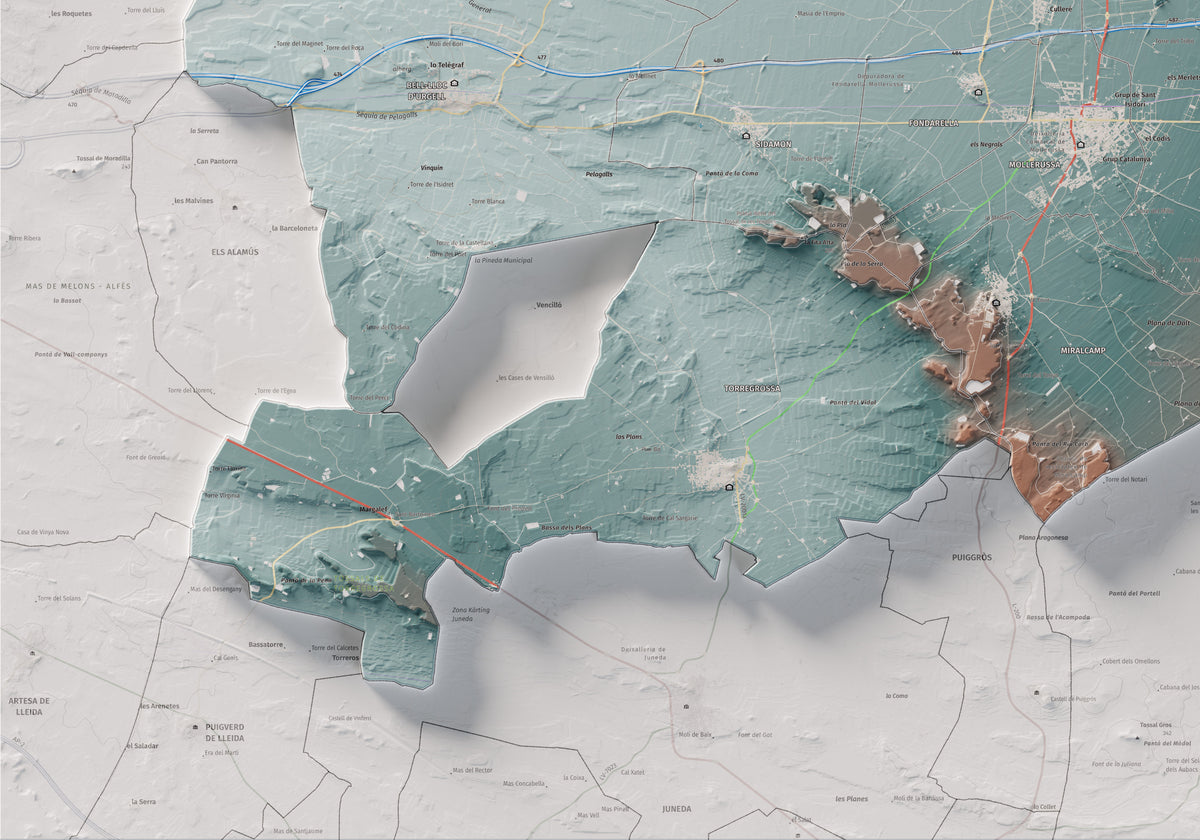 Mapa de relleu del Pla d’Urgell, amb el territori en color i l’entorn en blanc. Detall de la part inferior esquerra. 70 × 100 cm. Estil Blau i taronja.