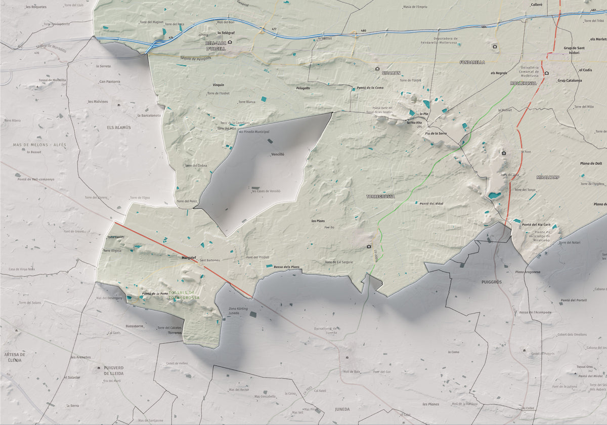 Mapa de relleu del Pla d’Urgell, amb el territori en color i l’entorn en blanc. Detall de la part inferior esquerra. 70 × 100 cm. Estil Cartogràfic.