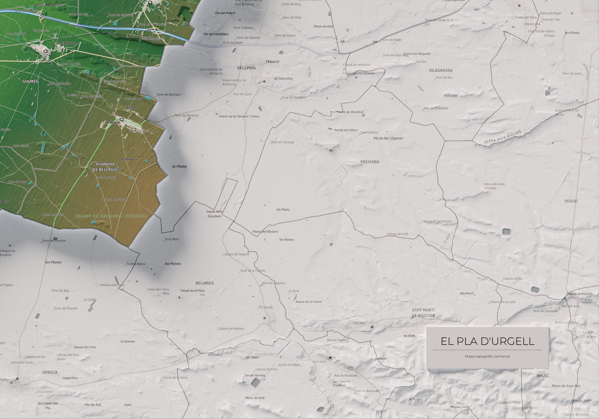 Mapa de relleu del Pla d’Urgell, amb el territori en color i l’entorn en blanc. Detall de la part inferior dreta. 70 × 100 cm. Estil Clàssic.