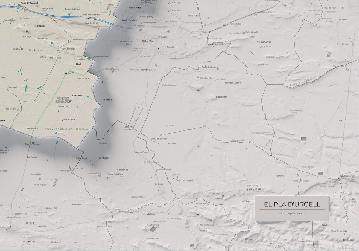 Mapa de relleu del Pla d’Urgell, amb el territori en color i l’entorn en blanc. Detall de la part inferior dreta. 70 × 100 cm. Estil Cartogràfic.