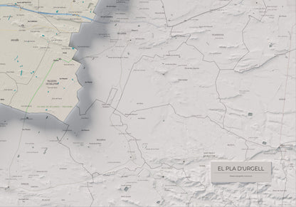 Mapa de relleu del Pla d’Urgell, amb el territori en color i l’entorn en blanc. Detall de la part inferior dreta. 70 × 100 cm. Estil Cartogràfic.
