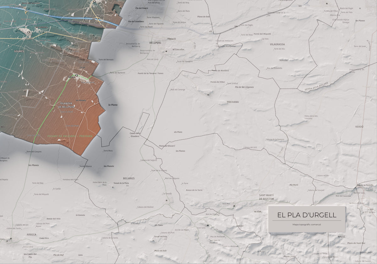 Mapa de relleu del Pla d’Urgell, amb el territori en color i l’entorn en blanc. Detall de la part inferior dreta. 70 × 100 cm. Estil Blau i taronja.