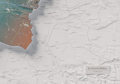 Mapa de relleu del Pla d’Urgell, amb el territori en color i l’entorn en blanc. Detall de la part inferior dreta. 70 × 100 cm. Estil Blau i taronja.
