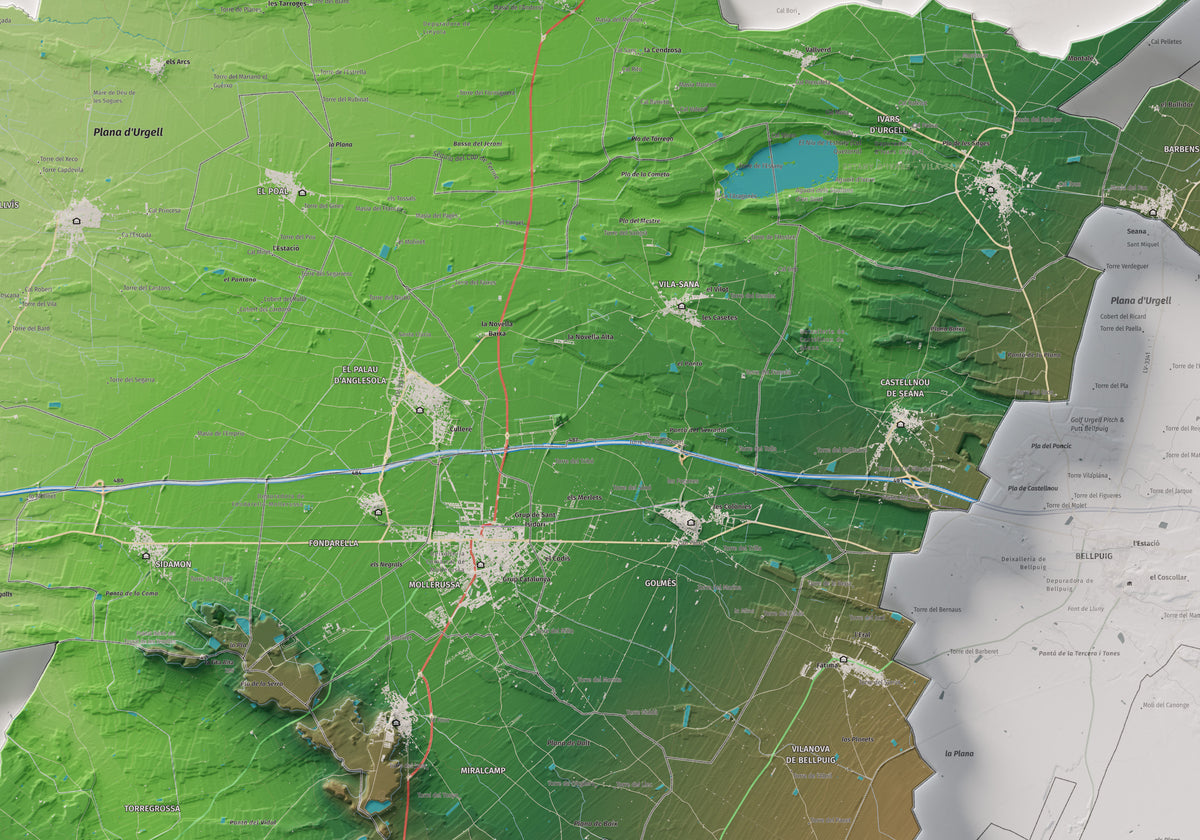 Mapa de relleu del Pla d’Urgell, amb el territori en color i l’entorn en blanc. Detall de la part central. 70 × 100 cm. Estil Clàssic.