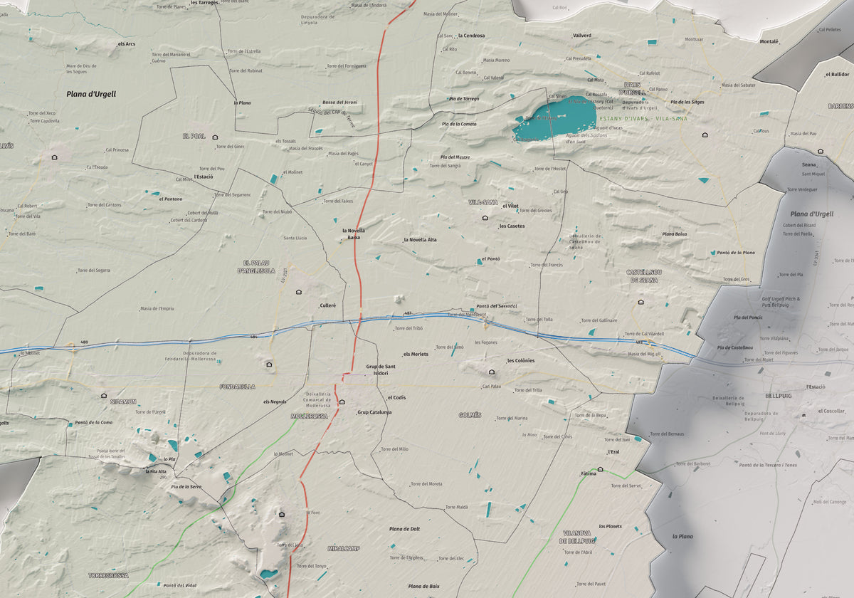 Mapa de relleu del Pla d’Urgell, amb el territori en color i l’entorn en blanc. Detall de la part central. 70 × 100 cm. Estil Cartogràfic.