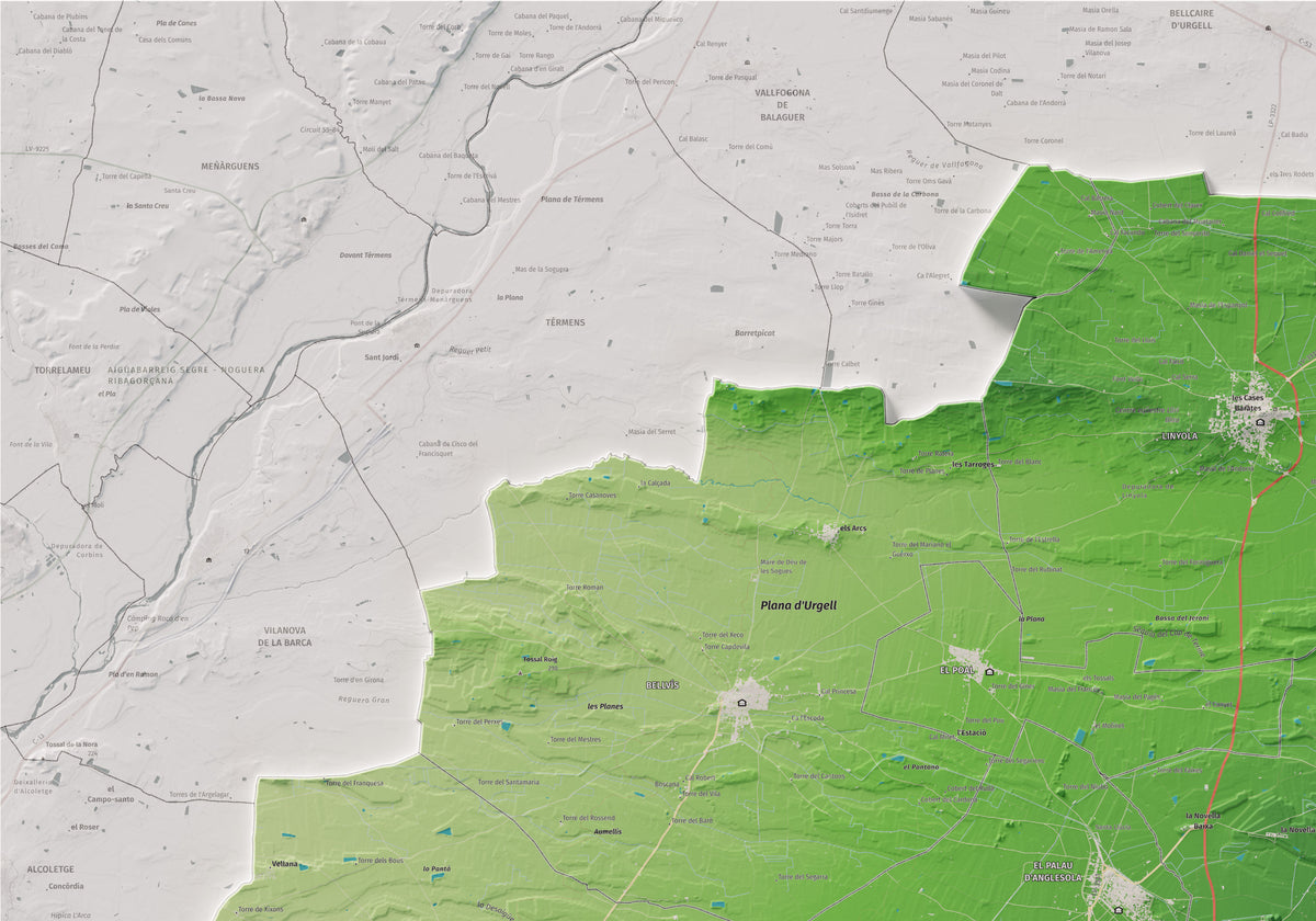 Mapa de relleu del Pla d’Urgell, amb el territori en color i l’entorn en blanc. Detall de la part superior esquerra. 70 × 100 cm. Estil Clàssic.