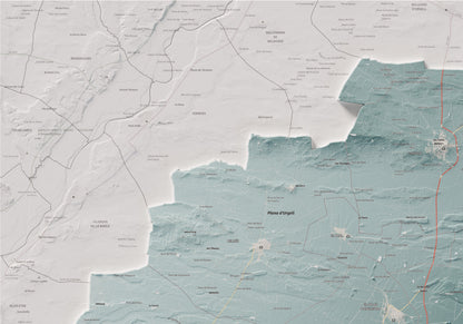 Mapa de relleu del Pla d’Urgell, amb el territori en color i l’entorn en blanc. Detall de la part superior esquerra. 70 × 100 cm. Estil Blau i taronja.